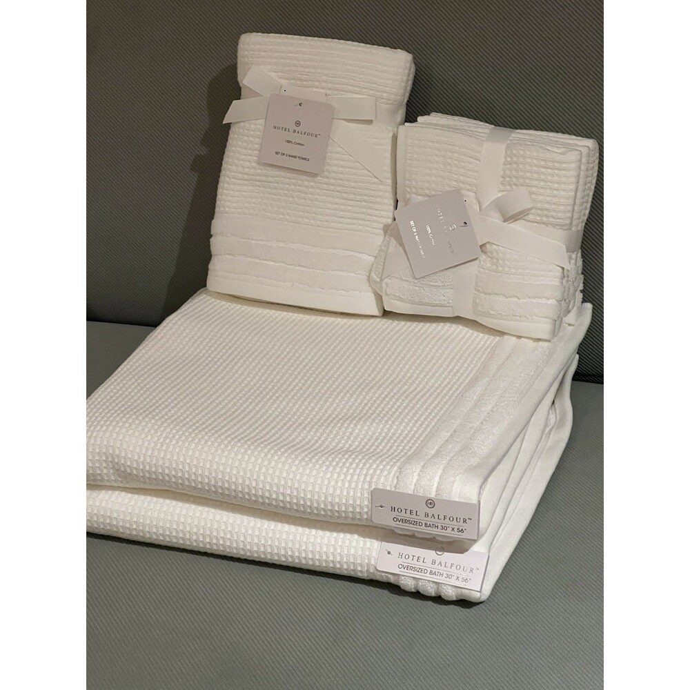 Hotel Balfour Bath Towel Set White Waffle Textured Cotton 9 Piece Set NEW